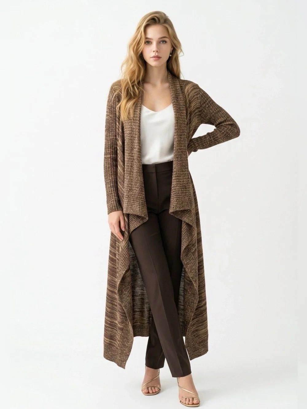 Venus Long Brown Open-Front Ribbed Duster Cardigan Sweater